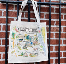 Load image into Gallery viewer, Lewisburg canvas tote bag with town map design including landmarks such as Bucknell University, Lewisburg Hotel, Hufnagle Park, Rooke Chapel, etc.