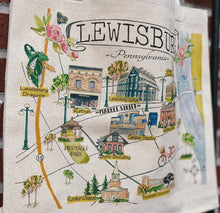 Load image into Gallery viewer, Lewisburg canvas tote bag with town map design including landmarks such as Bucknell University, Lewisburg Hotel, Hufnagle Park, Rooke Chapel, etc.
