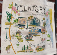 Load image into Gallery viewer, Lewisburg canvas tote bag with town map design including landmarks such as Bucknell University, Lewisburg Hotel, Hufnagle Park, Rooke Chapel, etc.
