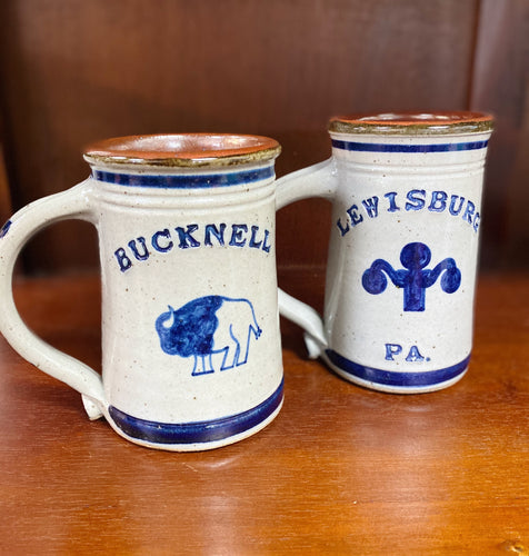 Bucknell University and Lewisburg, PA tankards with a bison and lamppost design.